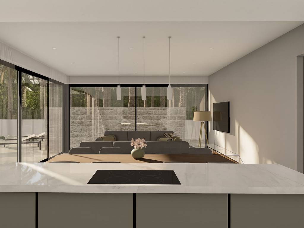 Open living with panoramic windows & pool view