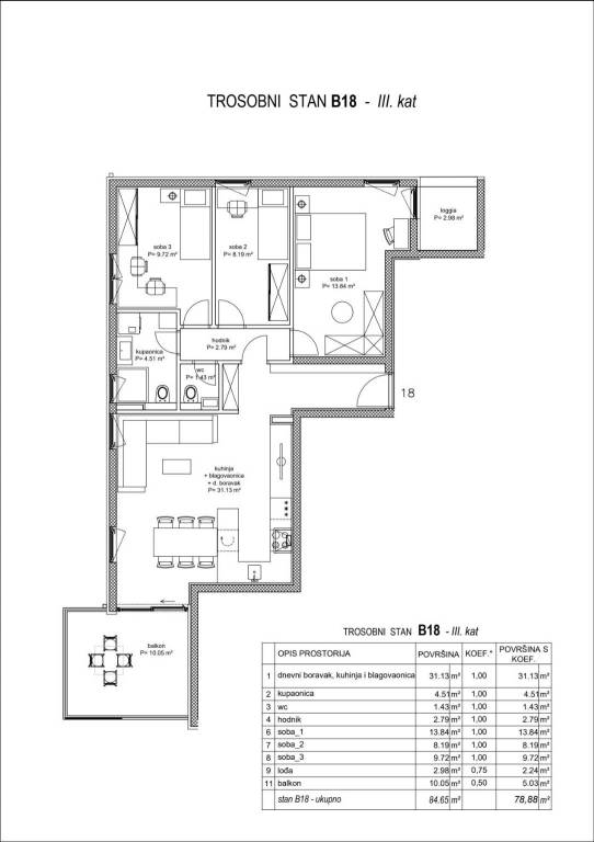 B18, 3.kat, 78,88m2, 3-sob, 517.000€