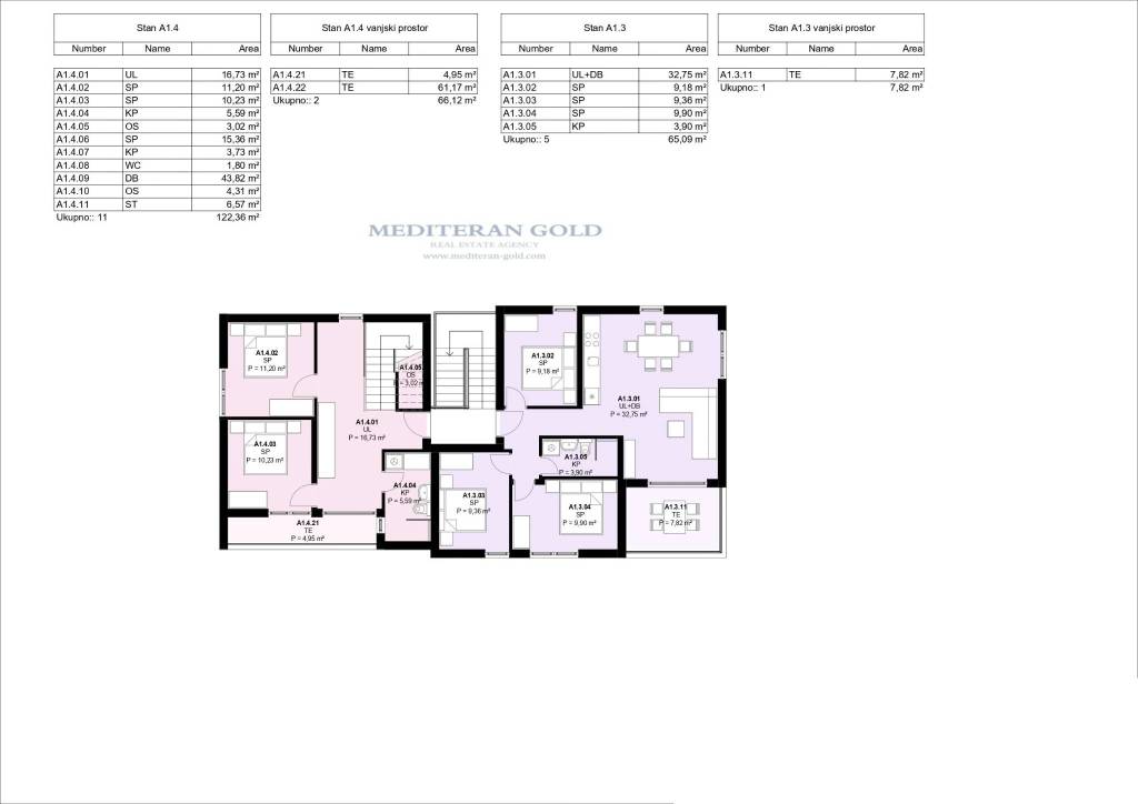 A1-3, trosoban, 68,39m2, 1.kat-ink