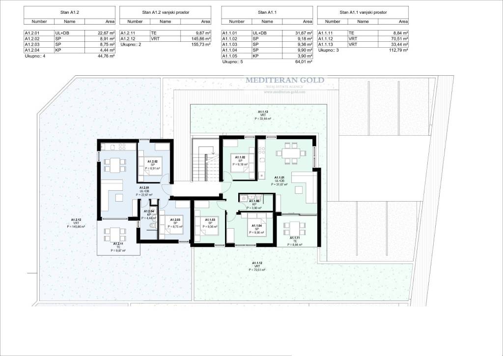 A1-1, TROSOBAN, PRIZEMLJE I A1-2, DVOSOBAN, PRIZEM