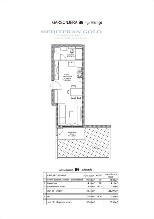 B6, 27,50m2, garsonjera, prizemlje, 192.000€-ink