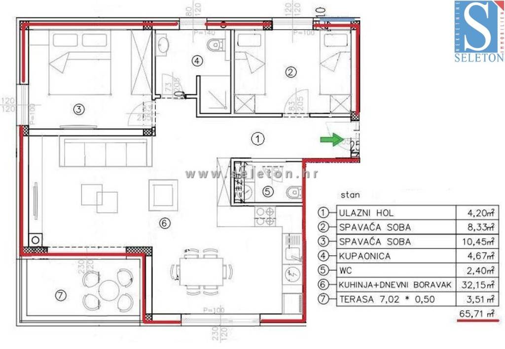 Tlocrt stana 65 m2 s površinama - veliki