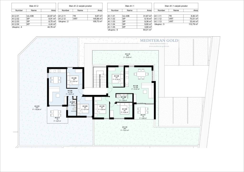 A1-1 TROSOBAN. PRIZEMLJE I A1-2 DVOSOBAN PRIZEMLJE